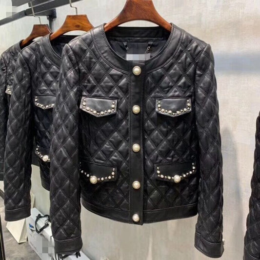 Woman Coats Natural Sheepskin Leather Female Jackets Long Sleeves Real Leather Sheepskin Short Overcoat Rivet Pearl Decoration - LiveTrendsX