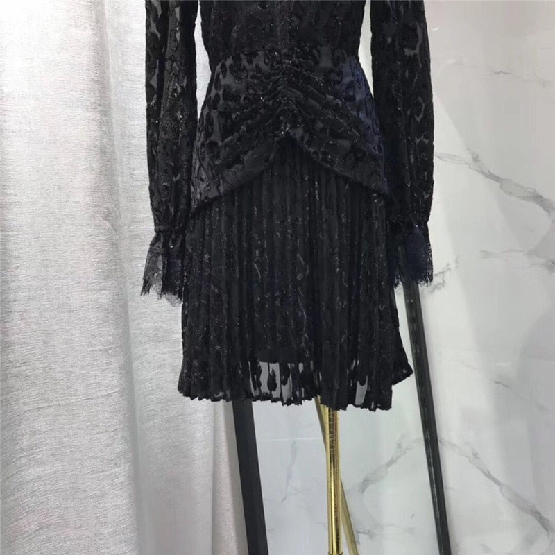 Autumn new arrive DEEP v black color full sleeve mini dress lace mesh flocked sexy women dress high quality - LiveTrendsX