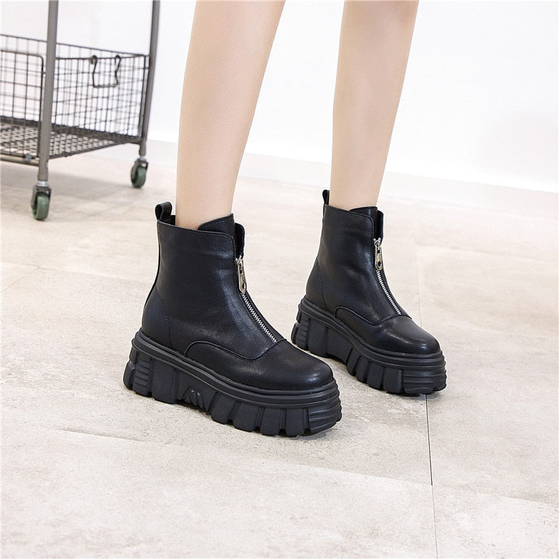 Genuine Leather Front Zipper Women' Ankle Boots 2019 Fashion Style Women Winter Warm Platform Boots Ladies Chunky Shoes - LiveTrendsX