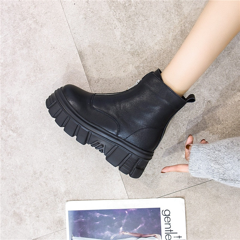 Genuine Leather Front Zipper Women' Ankle Boots 2019 Fashion Style Women Winter Warm Platform Boots Ladies Chunky Shoes - LiveTrendsX