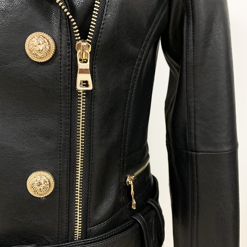 HIGH QUALITY 2020 Newest Designer Jacket Women's Lion Buttons Faux Leather Jacket Motorcycle Biker Jacket - LiveTrendsX