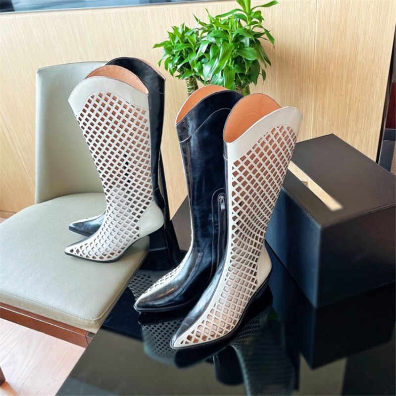 Black White Zipper Pointed Toe Net Boots Women Hole Shoes