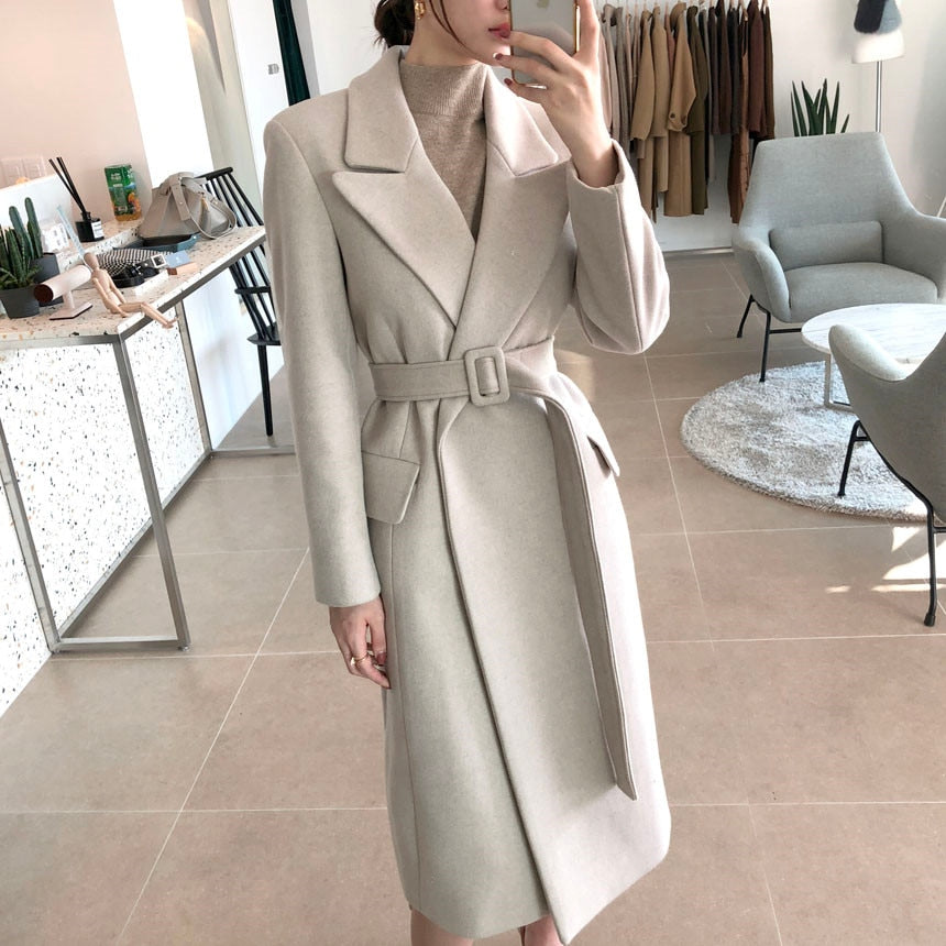 Woman Coats Winter Wool Long Coat With belt Office Lady Fashion lace Up Coats Outerwear - LiveTrendsX