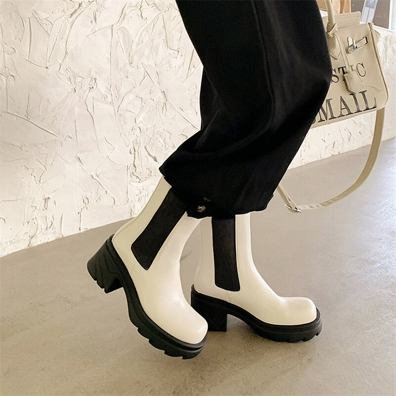 Women Chelsea Boots Platform Thick High Heel Ankle Boots