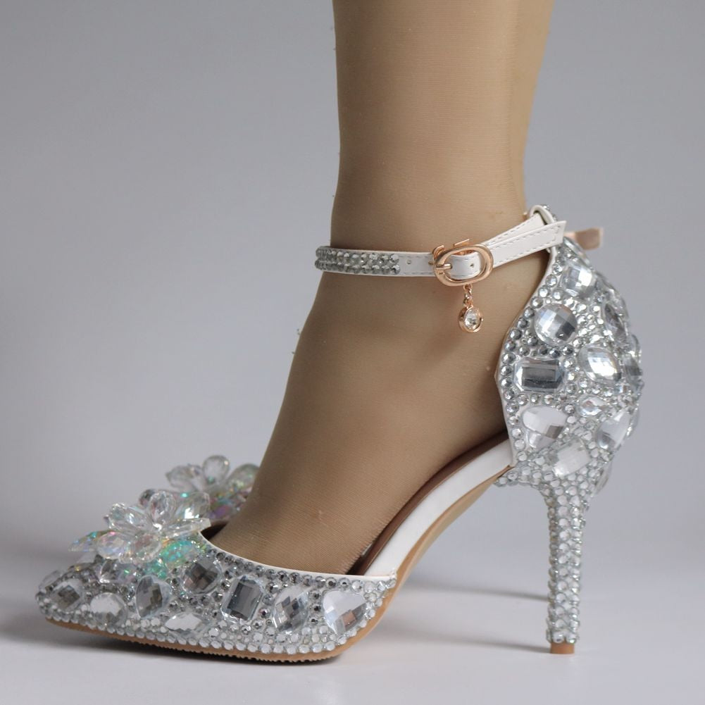 European Wedding Shoes Female White Drill Rhinestone Crystal Sandals Stiletto Pointed  Bridal Shoes High Heels - LiveTrendsX