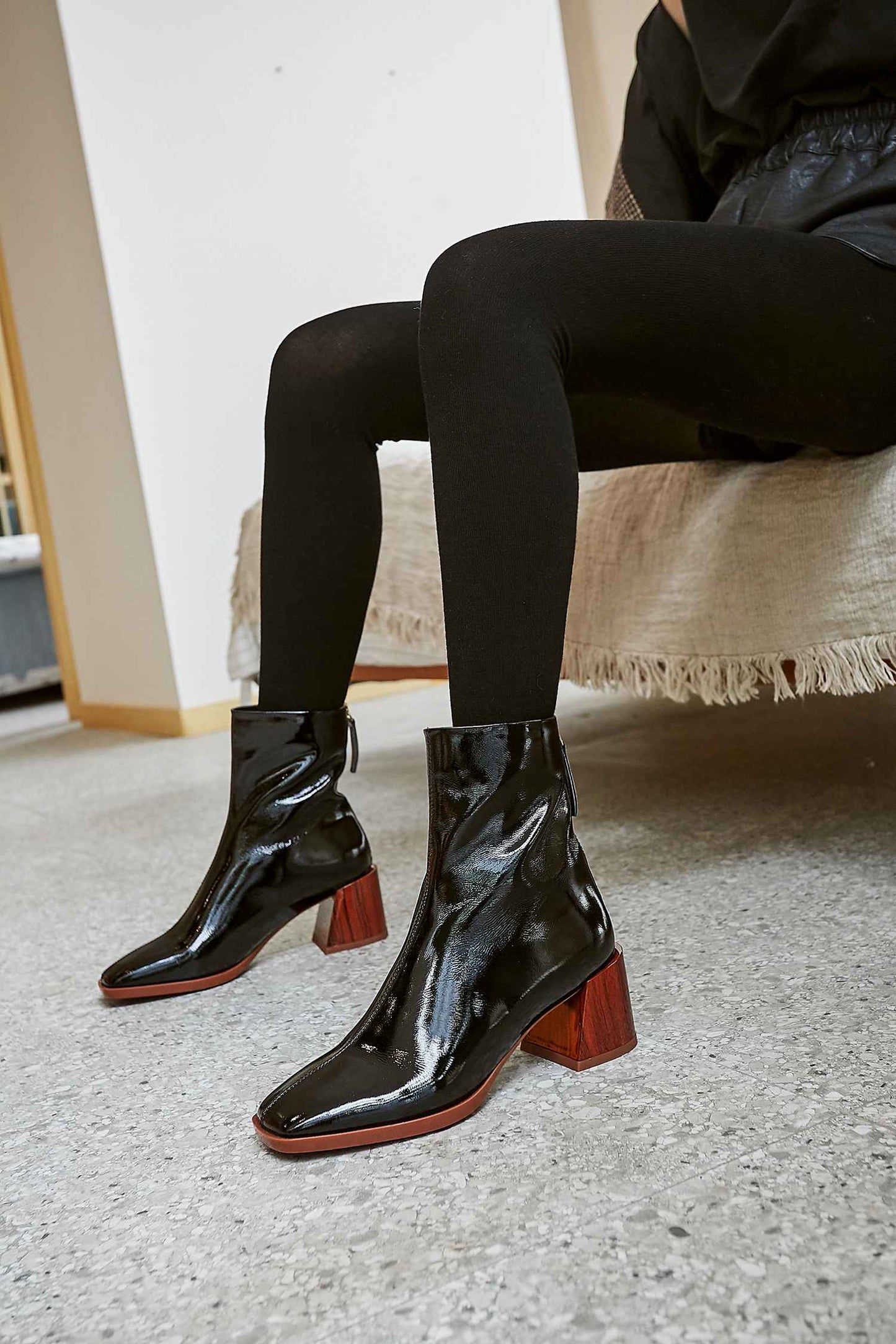 new arrival patent cow leather thick high heels square toe handmade keep warm runway modern show ankle boots - LiveTrendsX