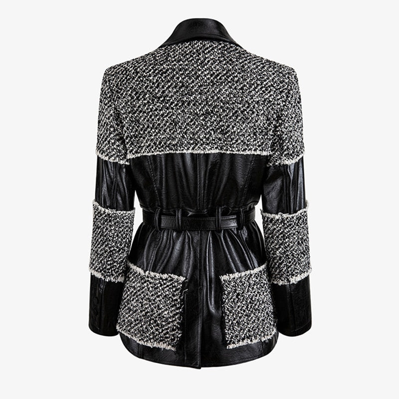 Patchwork PU Leather Woolen Coats Female Lapel Collar Long Sleeve High Waist Lace Up Hit Color Jackets Women Tide - LiveTrendsX