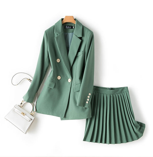 Women's Sets Chic Single Button Solid Blazer High Waist Pleated Skirt Two Piece Set Fashion Women 2 Piece Skirt Sets - LiveTrendsX