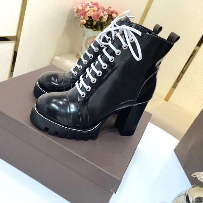 Women Shoes Winter Black Platform Ankle Boots Luxury Round Toe High Heels Lace Up Ladies Shoes Woman Botas - LiveTrendsX