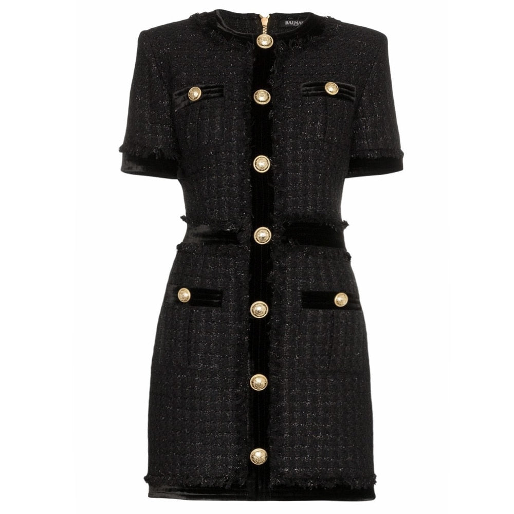 HarleyFashion Luxury Design Women Chic Stylish Short Sleeve Buttons Tweed Straight Mini Skinny Dress Tassel Patchwork Dresses - LiveTrendsX