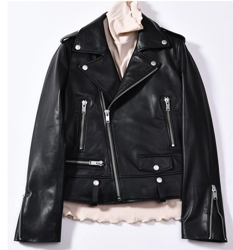 Spring Genuine Leather Jacket Women  Fashion Real Sheepskin Coat Rivet Motorcycle Biker Jacket Female Sheep Leather Coat - LiveTrendsX