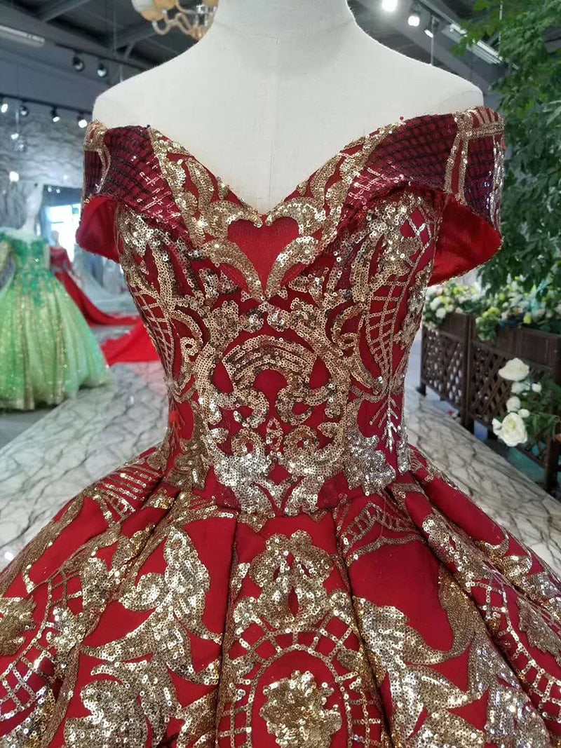 luxury floor length queen prom dresses red curve shape ball gown golden lace evening party dresses glitter free shipping - LiveTrendsX