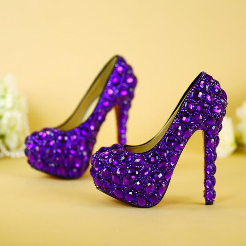 Big Size 34~43 Spring 2019 Autumn Women Pumps Sexy Purple 14CM/11CM/8CM High Heels Luxury Rhinestone Wedding Party Shoes - LiveTrendsX