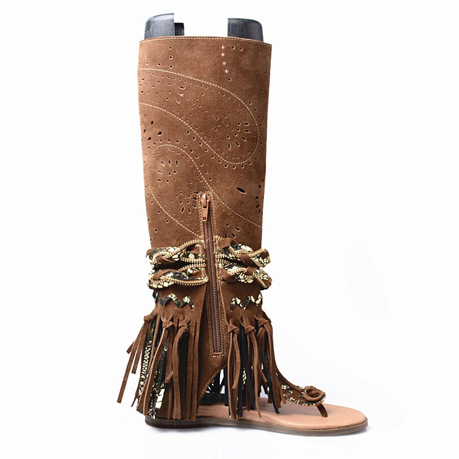 suede fringe clip toe sandals boots women carving hollow side zip flat heel summer boot females gladiator sandals - LiveTrendsX