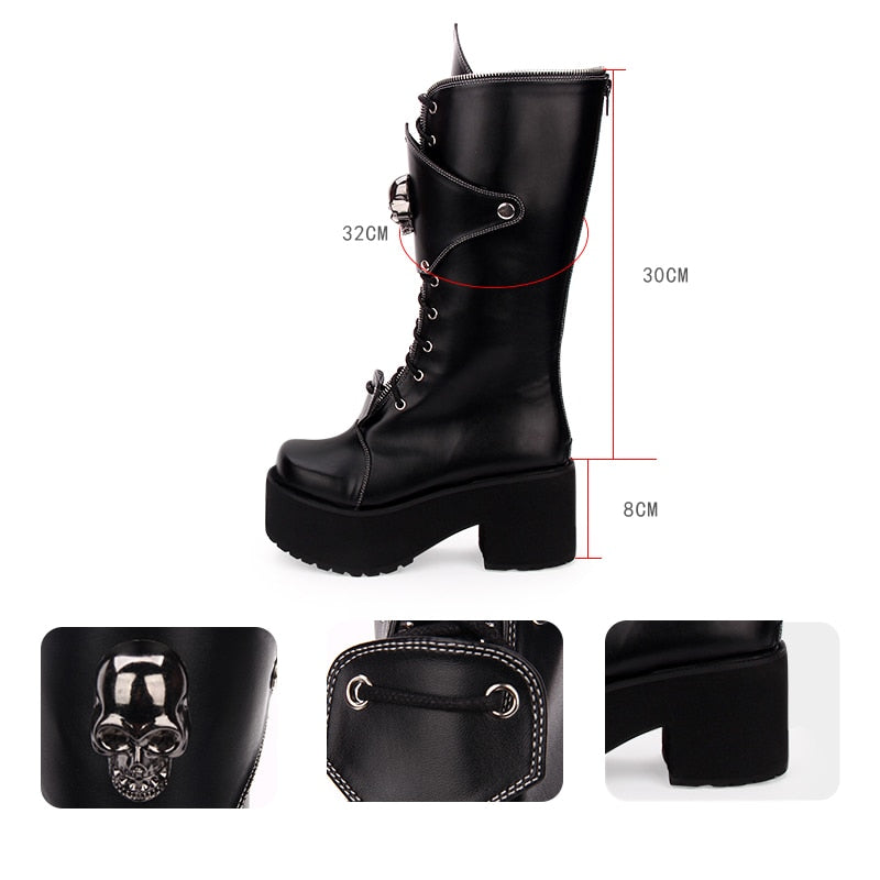 Women's Gothic Punk High Boots Thick Platform Chunky Heels Skull Lace-up Cosplay Boots - LiveTrendsX