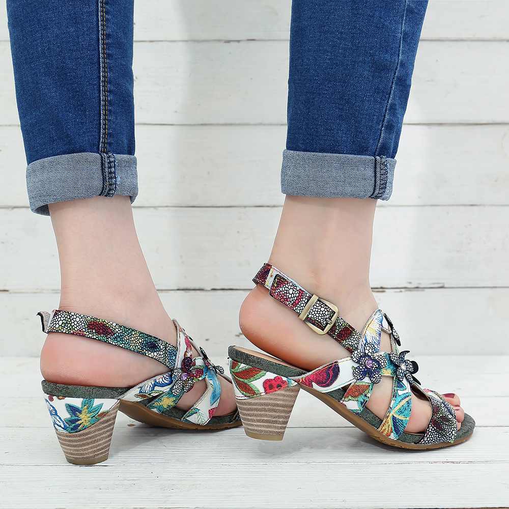 Genuine Leather Sandals Super Comfy Sequined Pattern Floral Veins Hook Loop Elegant Sandals Summer Shoes Women  2019 - LiveTrendsX