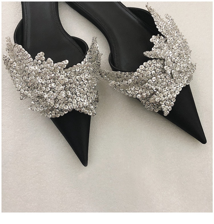 Runway satin Summer Slippers women Luxury Design bling bling crysatal Pointed Toe beach Shoes rhinestone unicornio mules ladies - LiveTrendsX