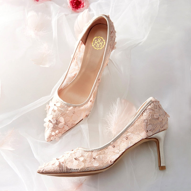 Flowers Wedding Shoes New Design Pumps Bride Lace High Heels