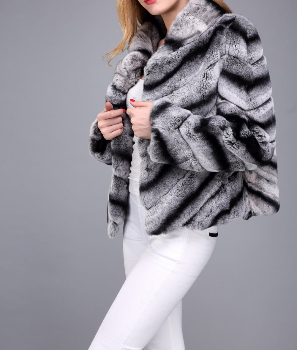 women real rex rabbit fur jacket short coat Chinchilla color with stripe warm winter  classic furry soft fluffy - LiveTrendsX