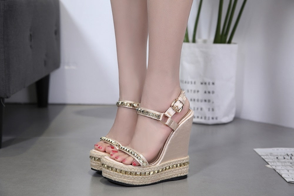 Gold Ladies Sandals Platform Sandals Women Shoes Summer High Heels Shoes Ankle Strap Chaussures Femme Rivet Wedges Shoes - LiveTrendsX