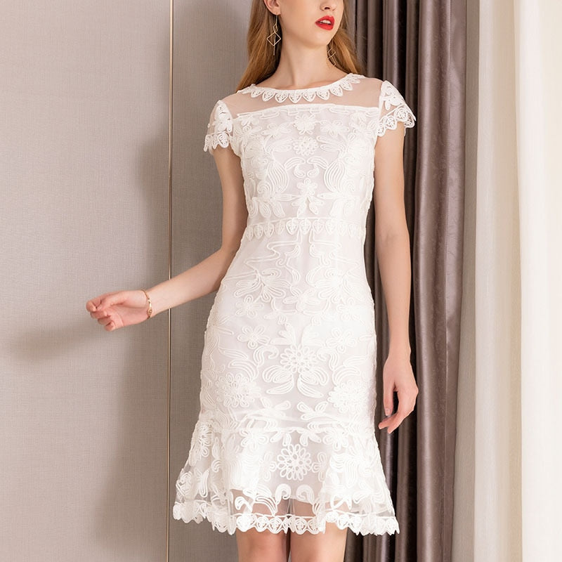 summer new women elegant Dress short Petal sleeve O-neck bag hip sheath Embroidery lace Dress vestidos de verano - LiveTrendsX