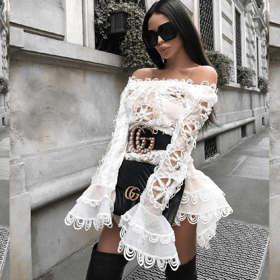 new elegant white lace openwork chiffon dress sexy women's long sleeve mini fishtail dress celebrity party dress Vestidos - LiveTrendsX