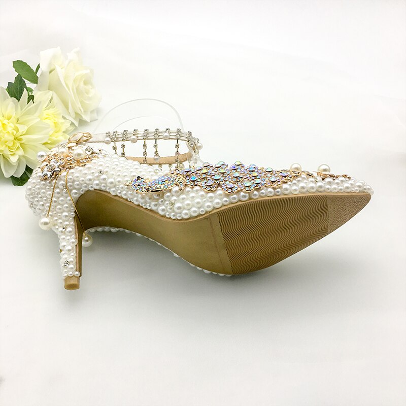 Women Shoes Wedding Big Size 43-47Heels For Party  White Pearl Crystal Peacock Metal Flowers Tassel Pointed Toe Pumps Customize - LiveTrendsX