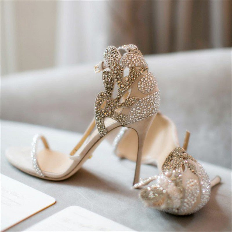 Luxury Crystal Studded Summer Wedding Sandals Ankle Buckle Open Toe Stiletto Thin Heeled Pumps Front Thin Strappy Woman Shoes - LiveTrendsX