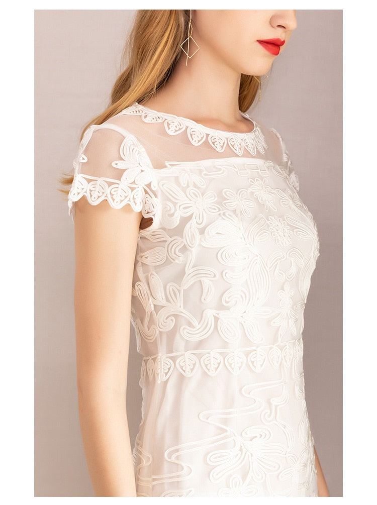 summer new women elegant Dress short Petal sleeve O-neck bag hip sheath Embroidery lace Dress vestidos de verano - LiveTrendsX