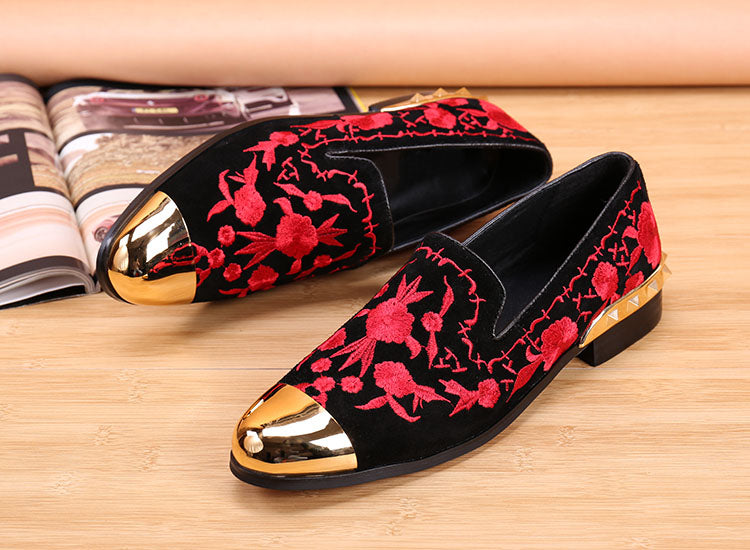 Black Embroidery Suede Leather Men Loafers  Floral Men Vintage Loafers Men's Casual Shoes Men's Flats - LiveTrendsX