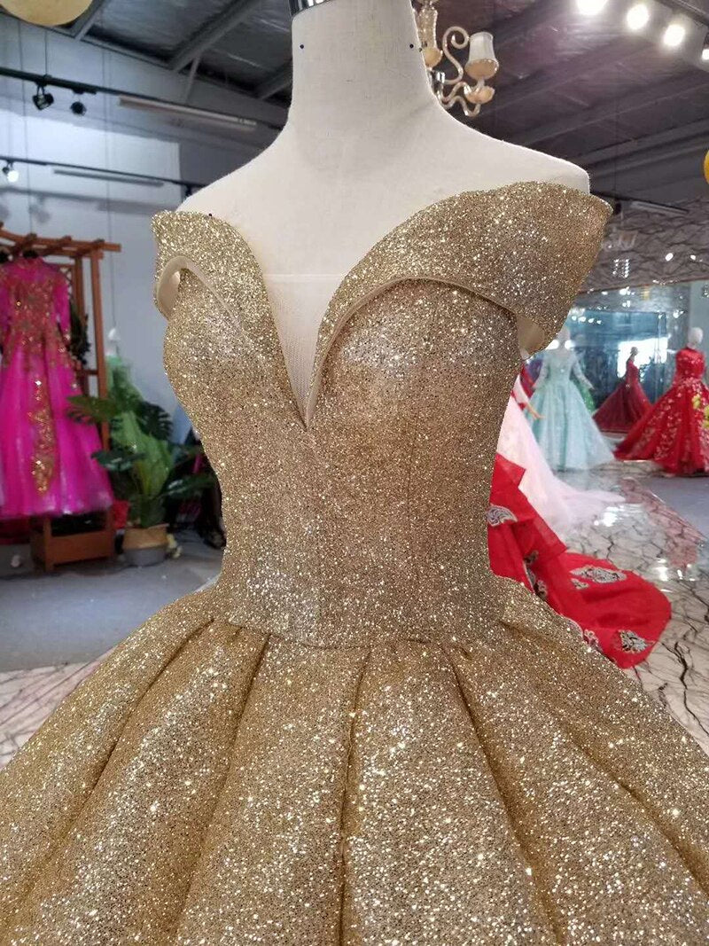 luxury dubai shiny dress women occasion off the shoulder sweetheart golden glitter ball dress curve shape high quality - LiveTrendsX