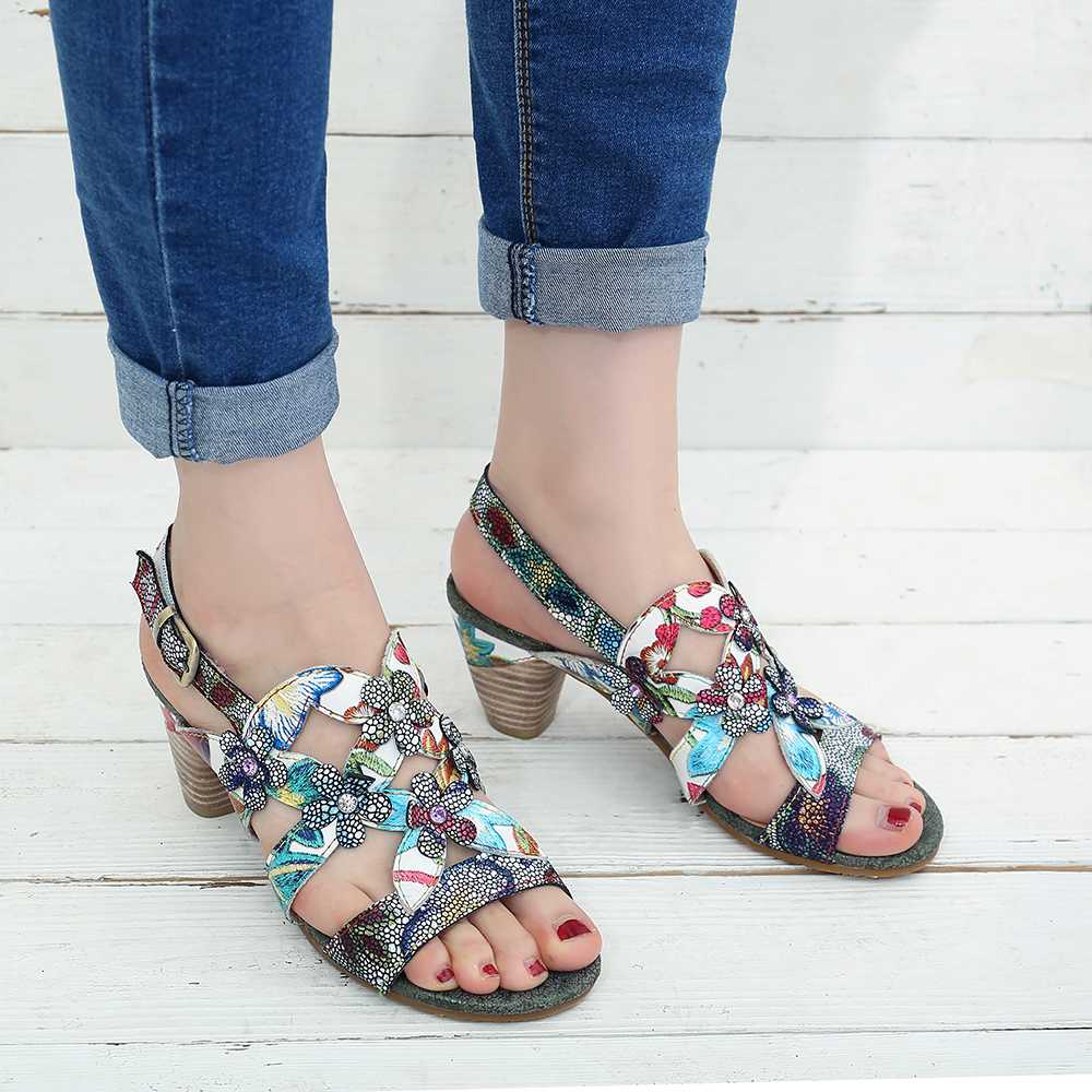 Genuine Leather Sandals Super Comfy Sequined Pattern Floral Veins Hook Loop Elegant Sandals Summer Shoes Women  2019 - LiveTrendsX