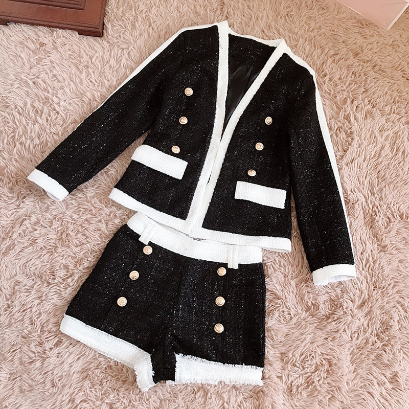 HIGH QUALITY New Stylish Fall Winter 2020 Designer Suit Set Women's Color Block Lion Buttons Tweed Blazer Jacket Shorts Set - LiveTrendsX