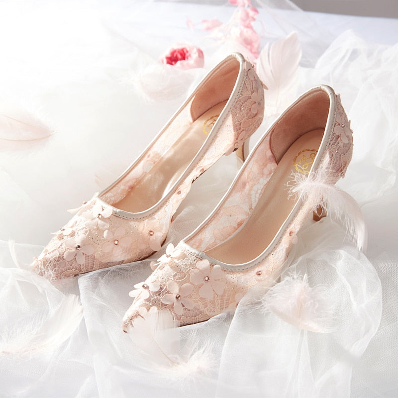 Flowers Wedding Shoes New Design Pumps Bride Lace High Heels