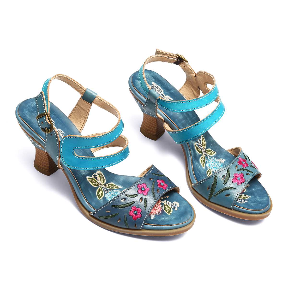 Women Bohemian Vintage Style High Heels Sandals Summer Slingback Peep Toe Sandals Shoes Woman Printed Leather Sandals New - LiveTrendsX