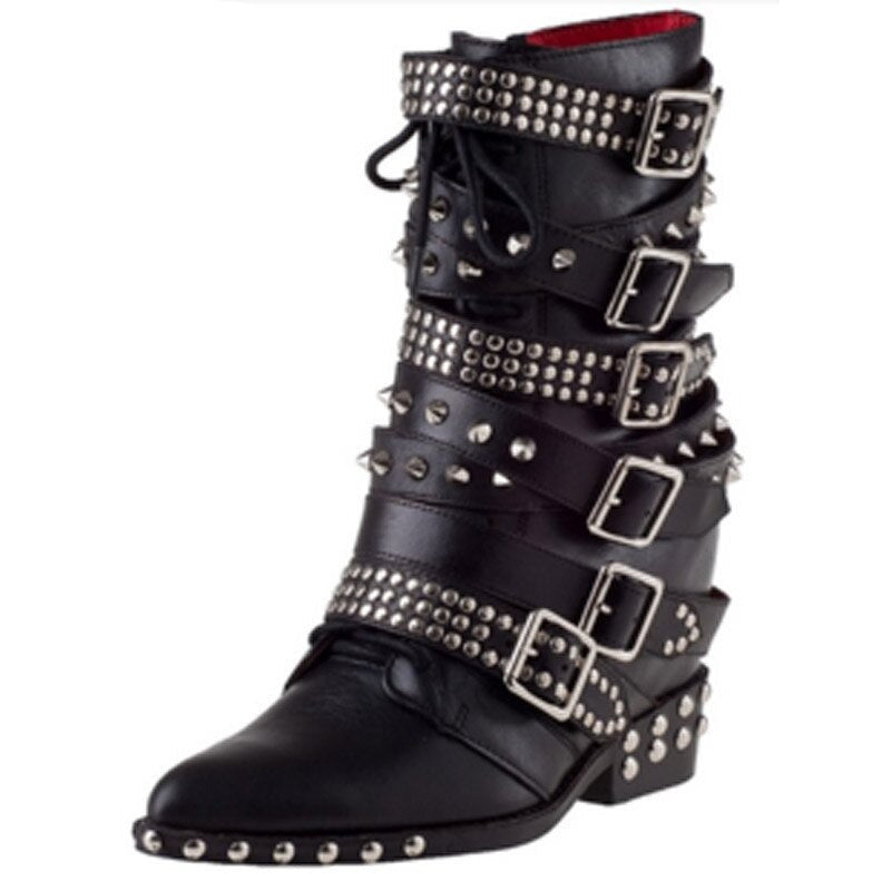 Women Punk Ankle Boots Pointed Toe Buckle Strap Low Heels Shoes