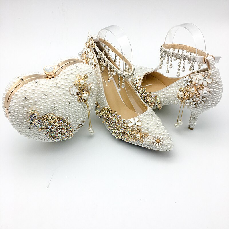 Women Shoes Wedding Big Size 43-47Heels For Party  White Pearl Crystal Peacock Metal Flowers Tassel Pointed Toe Pumps Customize - LiveTrendsX