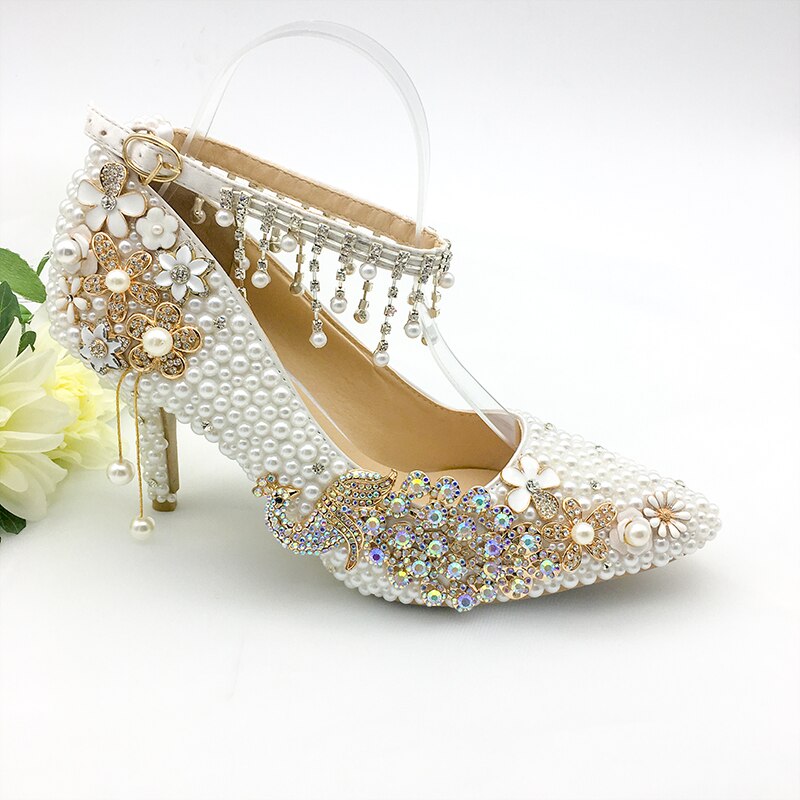 Women Shoes Wedding Big Size 43-47Heels For Party  White Pearl Crystal Peacock Metal Flowers Tassel Pointed Toe Pumps Customize - LiveTrendsX