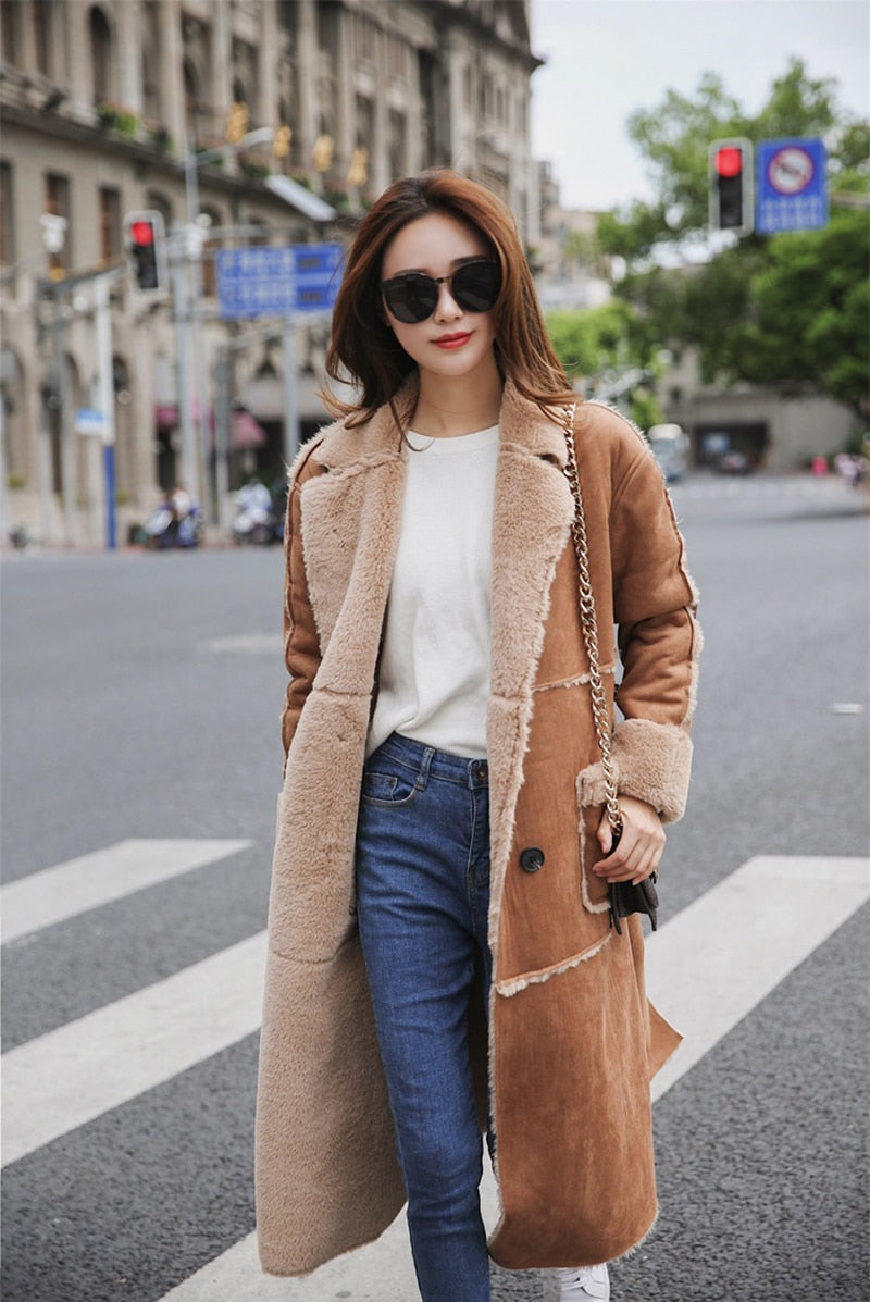 Women lambs wool coat female long thick warm shearling coats faux suede leather jackets autumn winter female outerwear - LiveTrendsX