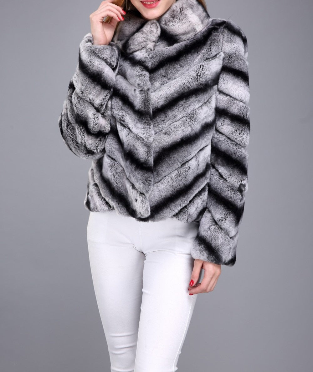 women real rex rabbit fur jacket short coat Chinchilla color with stripe warm winter  classic furry soft fluffy - LiveTrendsX