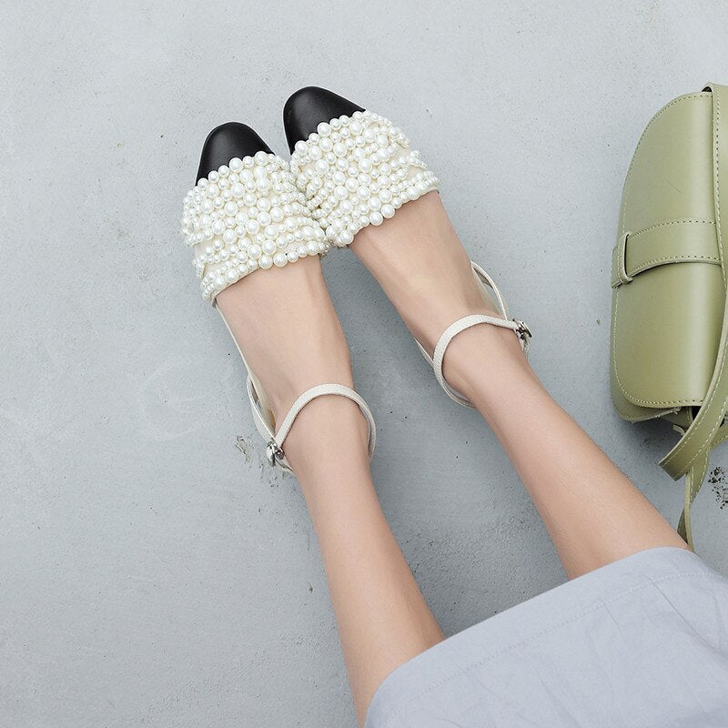 new arrival genuine leather women sandals round toe pearl summer shoes buckle sweet high quality party shoes - LiveTrendsX