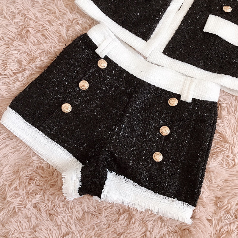 HIGH QUALITY New Stylish Fall Winter 2020 Designer Suit Set Women's Color Block Lion Buttons Tweed Blazer Jacket Shorts Set - LiveTrendsX