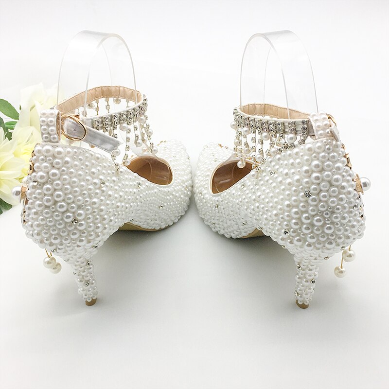 Women Shoes Wedding Big Size 43-47Heels For Party  White Pearl Crystal Peacock Metal Flowers Tassel Pointed Toe Pumps Customize - LiveTrendsX