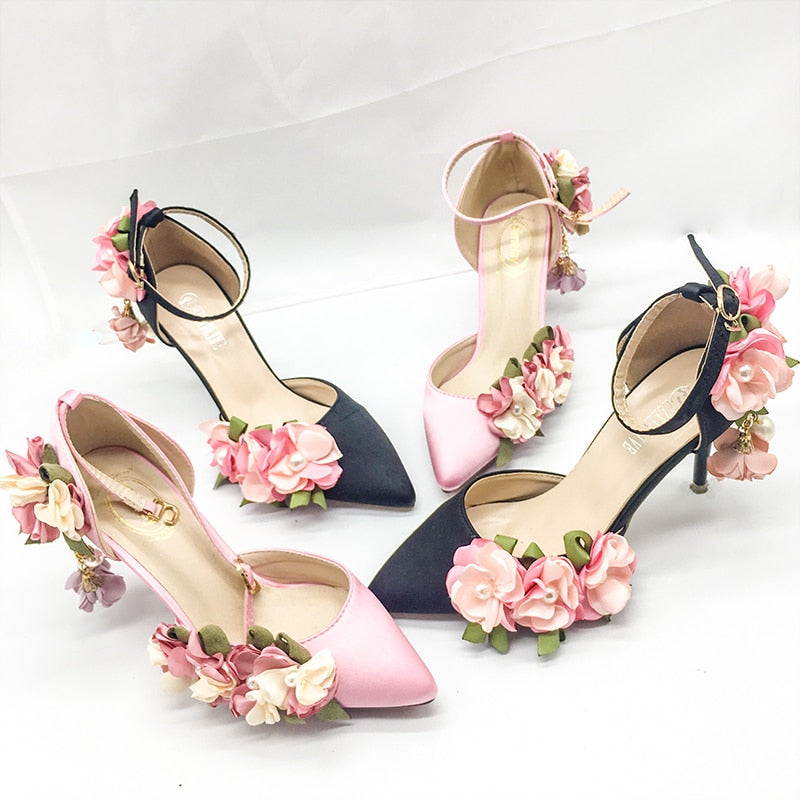 Shoes Adults Sandals Wedding Pink Silks Satins Bridal Shoes Pointed Toe Ultra High Heels Lace Flower Pearl Formal Dress Shoes - LiveTrendsX