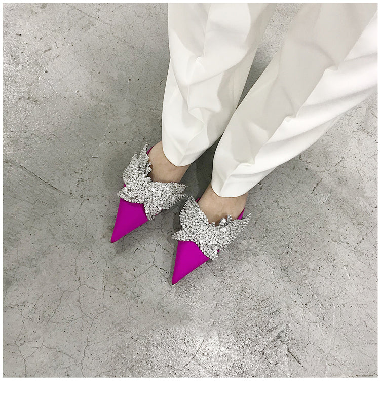 Runway satin Summer Slippers women Luxury Design bling bling crysatal Pointed Toe beach Shoes rhinestone unicornio mules ladies - LiveTrendsX