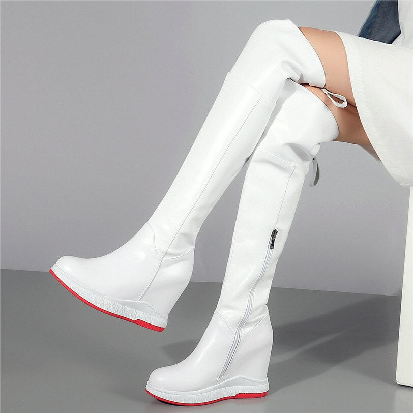 Punk Long Trainers Women Cow Leather Knee High Boots