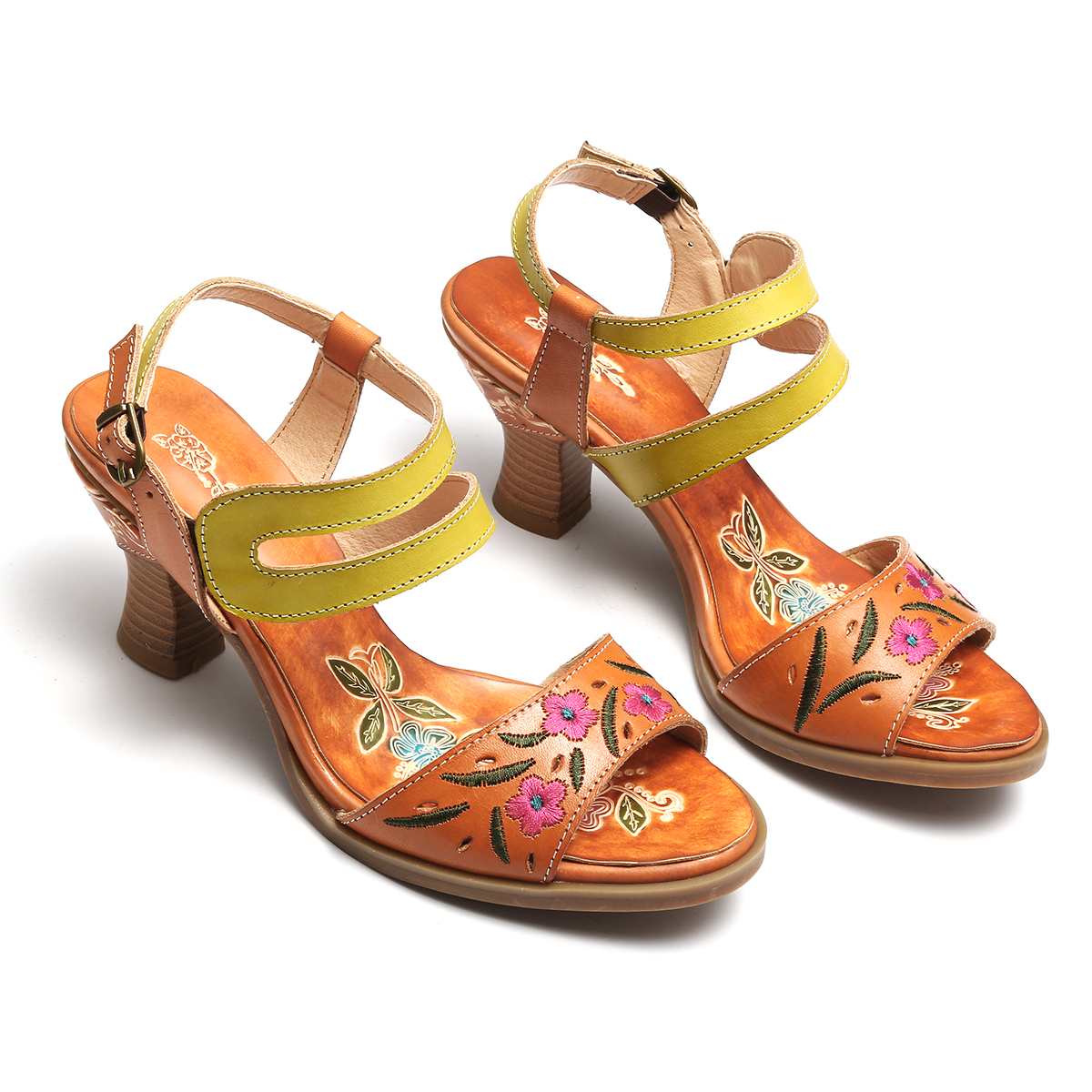 Women Bohemian Vintage Style High Heels Sandals Summer Slingback Peep Toe Sandals Shoes Woman Printed Leather Sandals New - LiveTrendsX