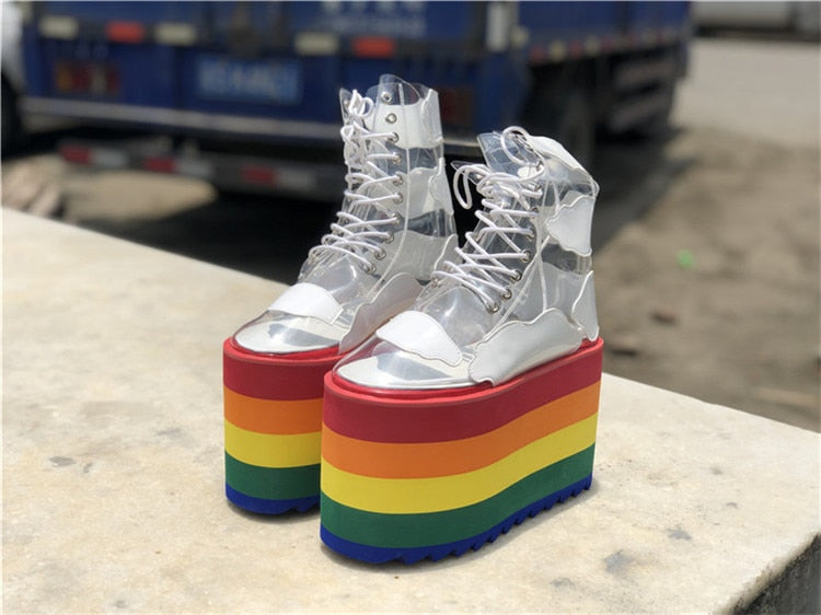 Rainbow Platform Shoes Woman PVC Transparent Lace-Up Thick High Heels Ankle Boots Ladies Height Increasing Party Shoes - LiveTrendsX