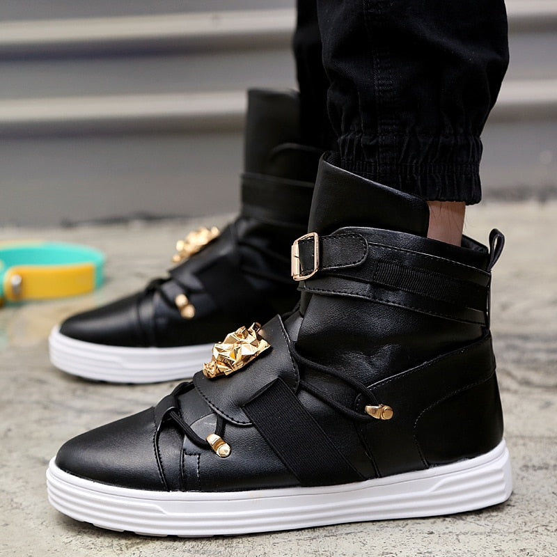 Cool Men High Top Fashion Sneakers Buckle Platform Flats Boots Shoes Man Harajuku Red krasovki Vulcanized Outdoor Shoes - LiveTrendsX