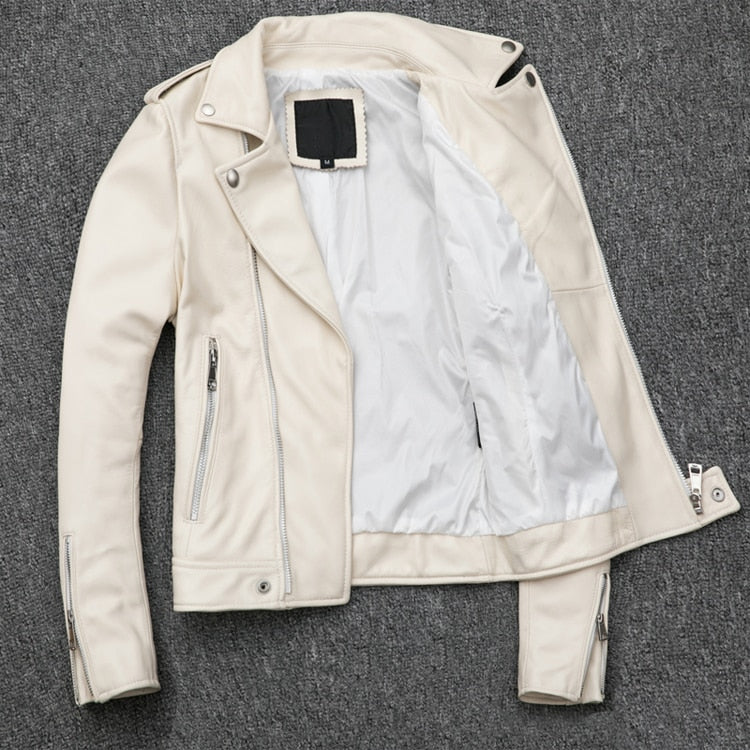 Women Leather Jacket White 100% Natural Sheepskin Female Genuine Leather Coat Ladies Leather Clothing Autumn M117w - LiveTrendsX